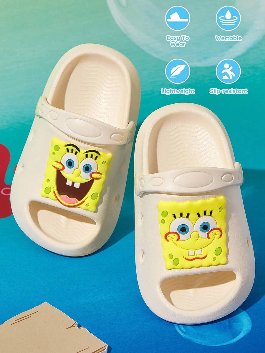 SpongeBob SquarePants | SHEIN 可愛卡通兒童拖鞋，適合幼兒與兒童，EVA材質，適用於居家浴室、游泳池、海灘等 - 米色 - 查看 1