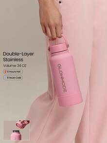 GLOWMODE 17oz Happy Hydrator Stainless Steel Insulated Bottle With Push-Button Dispenser & Cup Lid Daily Active Outdoor Accessories  - Pink - View 1