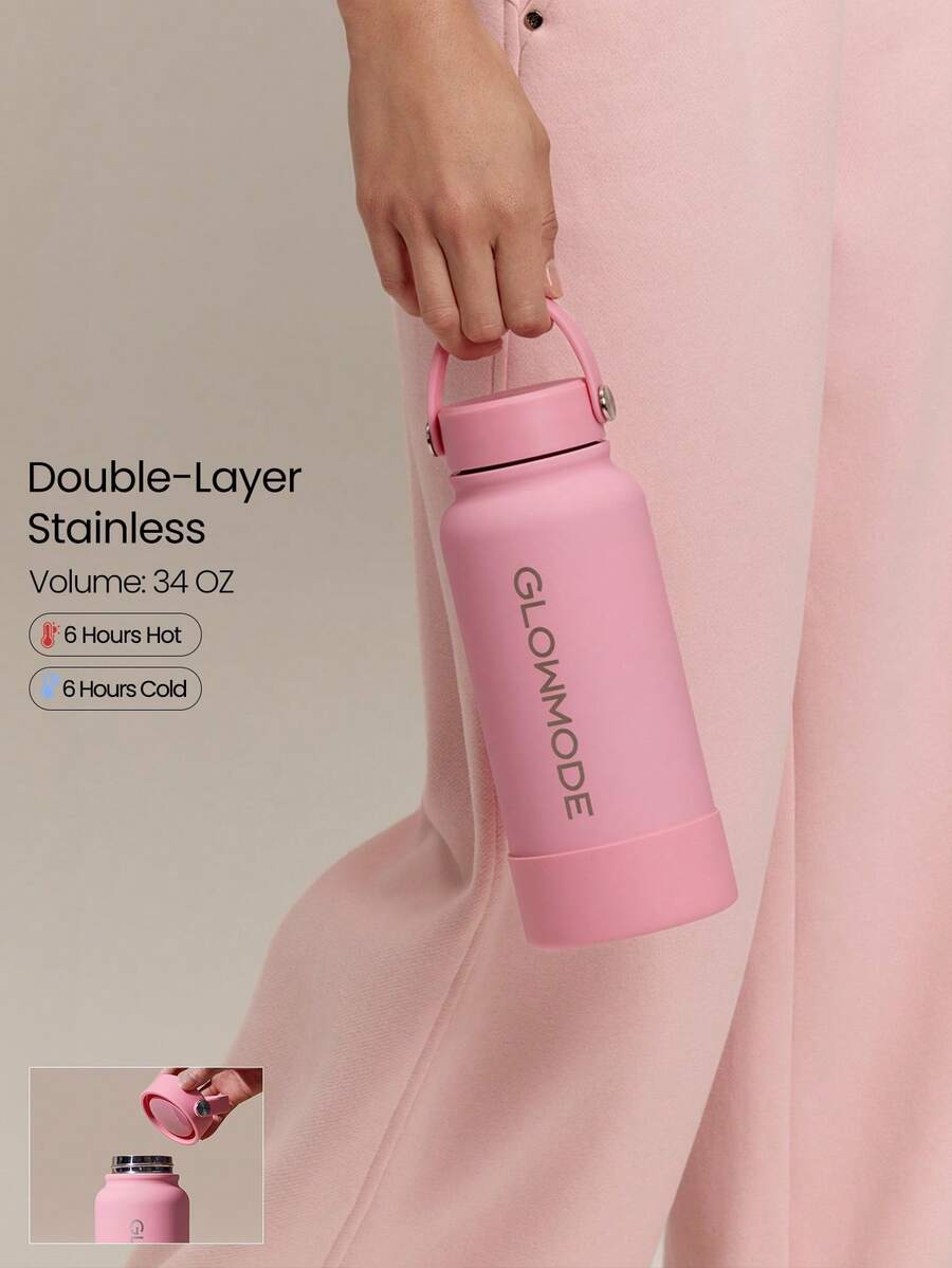 GLOWMODE 17oz Happy Hydrator Stainless Steel Insulated Bottle With Push-Button Dispenser & Cup Lid Daily Active Outdoor Accessories - Pink - View 1