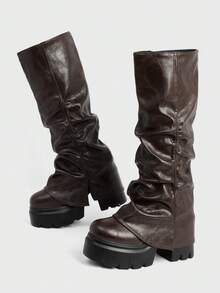 Sepatu Bot Tinggi Lipit Sol Tebal Wanita, Modis dan Serbaguna untuk Pemakaian Sehari-hari, Gaya Hari Valentine 2000-an - Cokelat tua - View 3