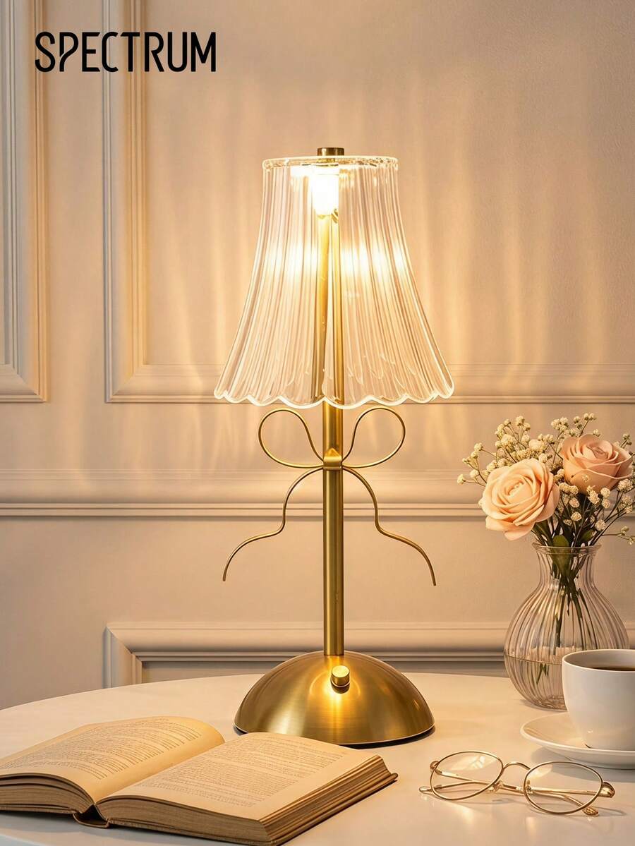 Luxury Bow Table Lamp, 3 Light Color Modes, Elegant French Style, Glass Lampshade Desk Lamp, Home Bedroom Bedside Decor - Multicolor - View 1