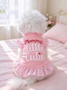 1件寵物裙子適用於小型犬貓，Mommy's Little Cutie字母印花愛心圖案荷葉邊裙，無袖飛袖小狗公主裙，夏季柔軟狗衣服，XS-L - 蝦粉色 - 查看 8