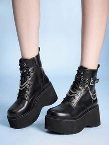 Sugerpunk Women's Spring/Autumn Punk-Style Retro Ankle Boots With Thick Wedge Heels And Platform Soles; Gothic Lace-Up Design With Metal Chain And Buckle Straps Fall Boots - Black - View 1