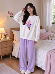 Joivida Cute Fleece Pajama Set For Women | Warm Fluffy Ice Cream Long Sleeve Pullover & Pants Lounge Set - Multicolor - View 10