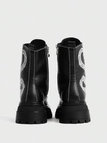 Sugerpunk Embroidery Pattern Round Toe Side Zipper Simple Punk British Platform Comfortable Versatile Thick Heel Medium Tube Women's Boots - Black - View 9