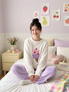 Joivida Cute Fleece Pajama Set For Women | Warm Fluffy Ice Cream Long Sleeve Pullover & Pants Lounge Set - Multicolor - View 2