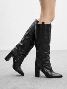 CUCCOO BIZCHIC Women's Pointed High Boots Round Metal Rivets Thick Square With Autumn Fashion Boots - Black pu - View 3