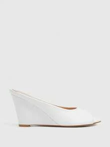CUCCOO SZL 魚嘴露趾坡跟涼鞋，Mueller Shoes 單腳款，通勤約會穿搭顯高女款時尚拖鞋，百搭時尚 - 白色PU - 查看 8