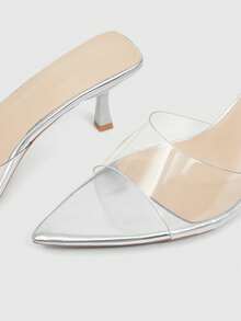 CUCCOO SZL Ladies' Transparent PVC Spliced Patent Leather With No Back Heel, Thin Heel, Minimalist, High-End And Glossy Sandals, Versatile And Stylish - Silver - View 6
