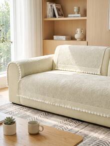 1Pc Four-Season Universal Sofa Cushion Chenier Retro Dark Pattern Hairball Fringed Edge Non-Slip Sofa Cushion Cover, Machine Washable Room Decoration Pet-Friendly Protective Cover, Suitable For Bedroom And Living Room Combination Cover Towel - Beige - View 2