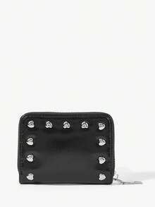 Viva Strut 1pc Fashionable Sweet And Cool Girl Y2K Black Faux Leather Love Rivet Belt Square Buckle Design Zipper Short Wallet, Shopping Daily School - Black - View 3