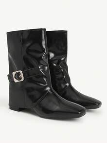 CUCCOO CHICEST Women's Fashionable Solid Color Casual Versatile Mid-Calf High Heel Boots - Black - View 2