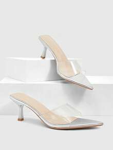 CUCCOO SZL Ladies' Transparent PVC Spliced Patent Leather With No Back Heel, Thin Heel, Minimalist, High-End And Glossy Sandals, Versatile And Stylish - Silver - View 7