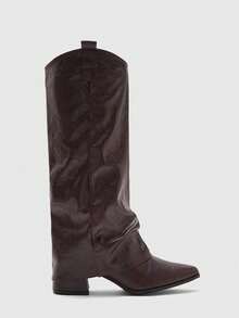 CUCCOO BIZCHIC Autumn And Winter Pleated Pile Design Pointed Square With Retro Dark Brown High Boots Daily Commute Out Dating - Coffee Brown - View 2