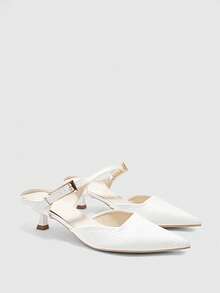 CUCCOO BIZCHIC Women's White Pointed Kitten And Mules Shoes, Metal Square Buckle Commuting Fashion, And High-Heeled Shoes. - White - View 2