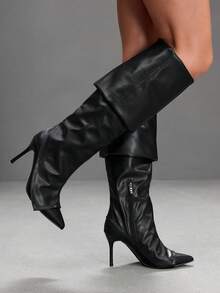 CUCCOO SZL Outdoor Ladies Pointed Stiletto Black Fabric Stylish Simple Comfortable Daily Party Banquet Side Zipper Boots Fall Shoes - PU black - View 3