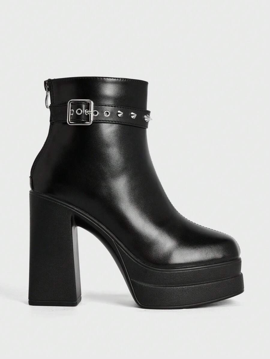 Sugerpunk Women's Fashion High-Heeled Short Boots, Punk-Style Gothic Combat Boots, Back-Pull Buckle With Rivet Inlay, Dark-Style Y2K Spice Girls High-Heeled Loc - Black - View 1
