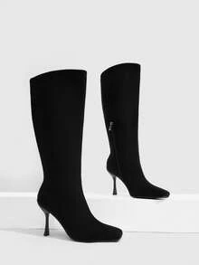 CUCCOO SZL Outdoor Women's Square Toe Stiletto Velvet Fabric, Stylish, Simple And Comfortable, Daily Party Nightclub Side Zipper Boots Fall Boots - Black - View 2
