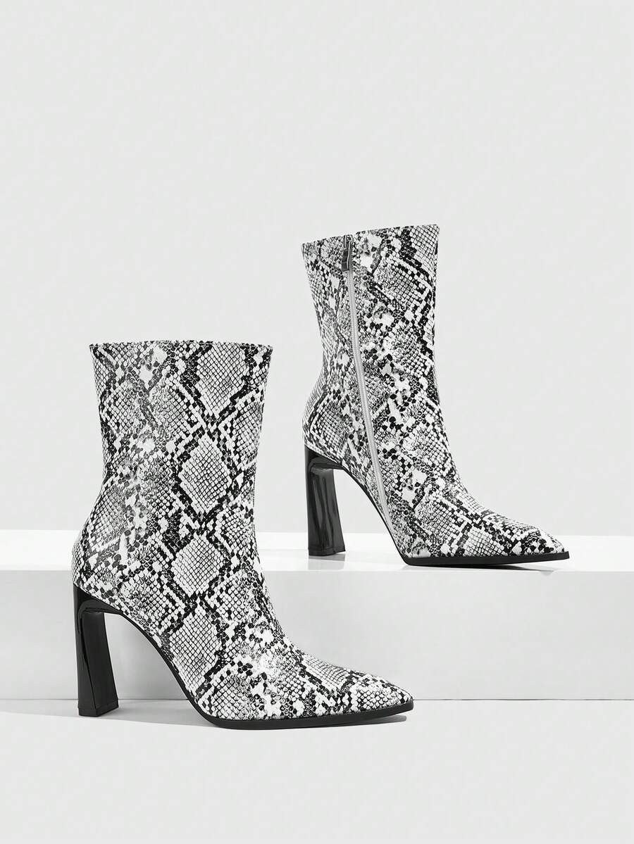 CUCCOO SZL Snake Pointed Thick Heel Short Boots Women's, Rear Zipper Retro High Heel Fashion Boots - White - View 1