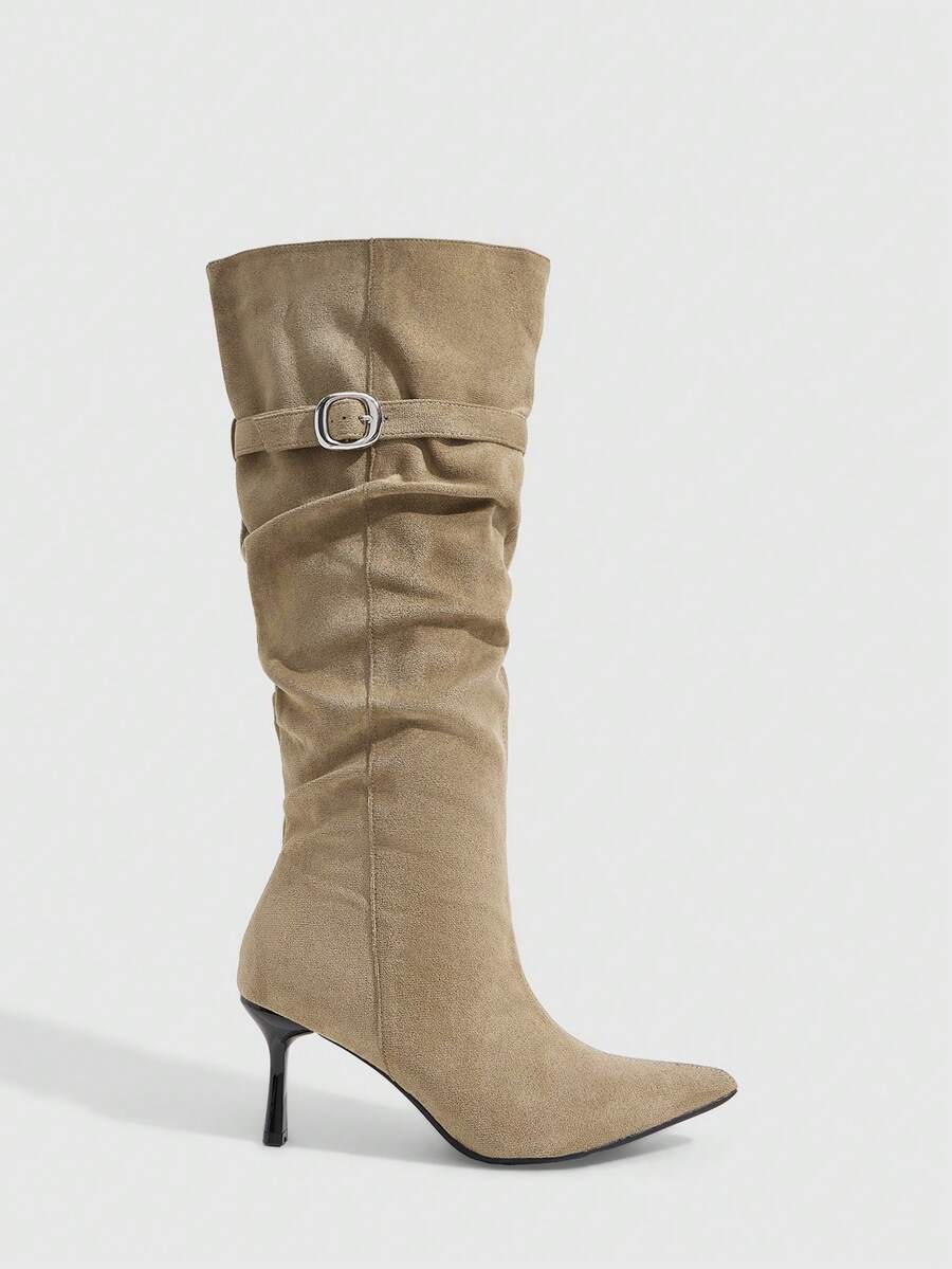 CUCCOO SZL Light Brown Suede D-Ring Silver Buckle Wrap Strap Pointed Stiletto Sleeve Tall Women's Boots Fall Boots - Light brown - View 1