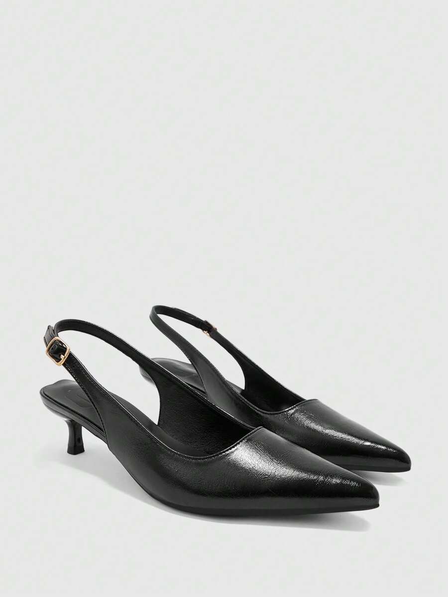 CUCCOO BIZCHIC Women's Pointed Toe Kitten Heel Slingback Black Open Back Shoes, All-Match Minimalist Comfortable Daily Versatile Commute Office Shoes - Oily Black 1 - View 1