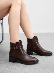 CUCCOO BIZCHIC Ladies Comfortable Brown Autumn And Winter Belt Buckle Thick Heel Fashion Boots - Brown - View 4