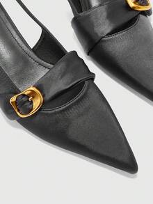 CUCCOO BIZCHIC Ladies Black Satin Pointed Back Space Pleated Kitten Heel Outside Commuter Fashion High Heel Shoes - Black - View 6
