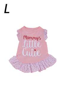 1件寵物裙子適用於小型犬貓，Mommy's Little Cutie字母印花愛心圖案荷葉邊裙，無袖飛袖小狗公主裙，夏季柔軟狗衣服，XS-L - 蝦粉色 - 查看 13