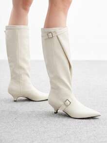 CUCCOO BIZCHIC Women's Versatile Slimming Vintage Style Double Buckle Beige Pointed Toe Kitten Heel Ruched Knee-High Boots - Off-white - View 4