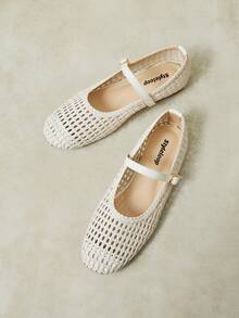 Styleloop Women's Fashion Square Toe Hollow Knitting Suitable For Daily Leisure Commuting Buckle Flat Shoes - Off-white - View 5