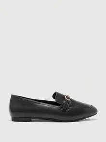 CUCCOO BIZCHIC Simple Black Loafers Women's Metal Round Buckle Bow Square Round Toe Flat Bottom Soft Leather British Style Commuting Slip-On Shoes - Black - View 4