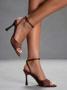CUCCOO SZL Women's New 9CM Pointed Toe Peep Toe Brown Easy-To-Wear Ankle Strap Stiletto High Heel Sandals - brown fabric - View 1