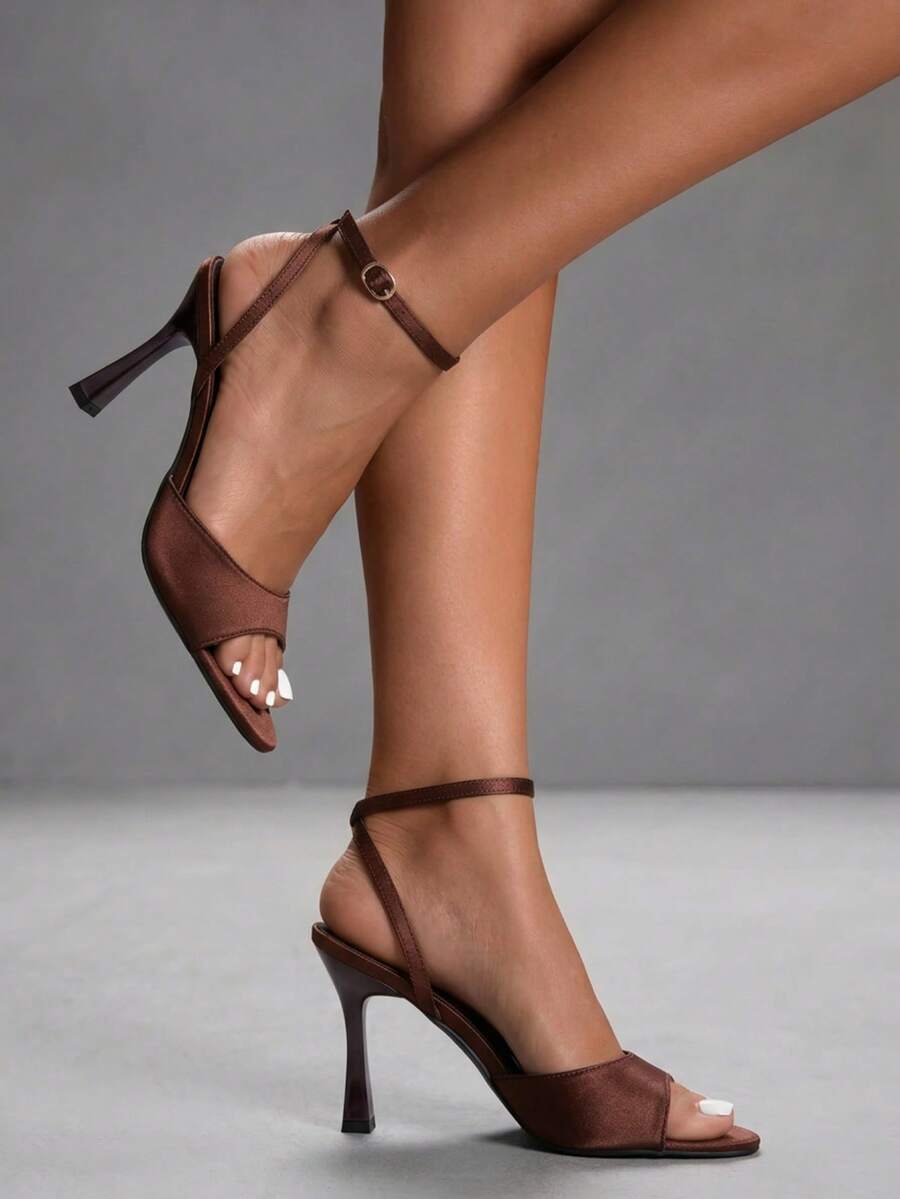 CUCCOO SZL Women's New 9CM Pointed Toe Peep Toe Brown Easy-To-Wear Ankle Strap Stiletto High Heel Sandals - brown fabric - View 1