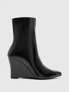 CUCCOO BIZCHIC Pointed Wedge Heel Bright Leather Black Slim Short Fashion Women's Boots - Black - View 2