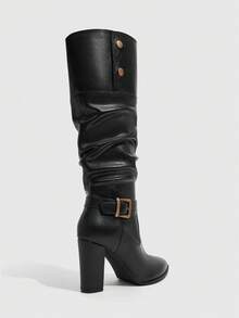 CUCCOO SZL Vintage Black Metal Buckle Women's Autumn/Winter Commute Soft Faux Leather Round Toe Chunky Heel Tall Boots - Black - View 3