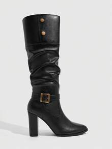 CUCCOO SZL Vintage Black Metal Buckle Women's Autumn/Winter Commute Soft Faux Leather Round Toe Chunky Heel Tall Boots - Black - View 6