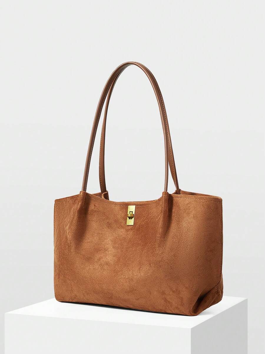 MOTF PREMIUM WOMEN'S MINIMALIST SUEDE KHAKI BROWN SHOULDER TOTE BAG FOR COMMUTING AND SHOPPING - Brown - View 2