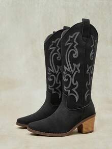 Styleloop Women's Shoes Embroidered Coarse High Heel Western Boots Casual - Black A - View 2