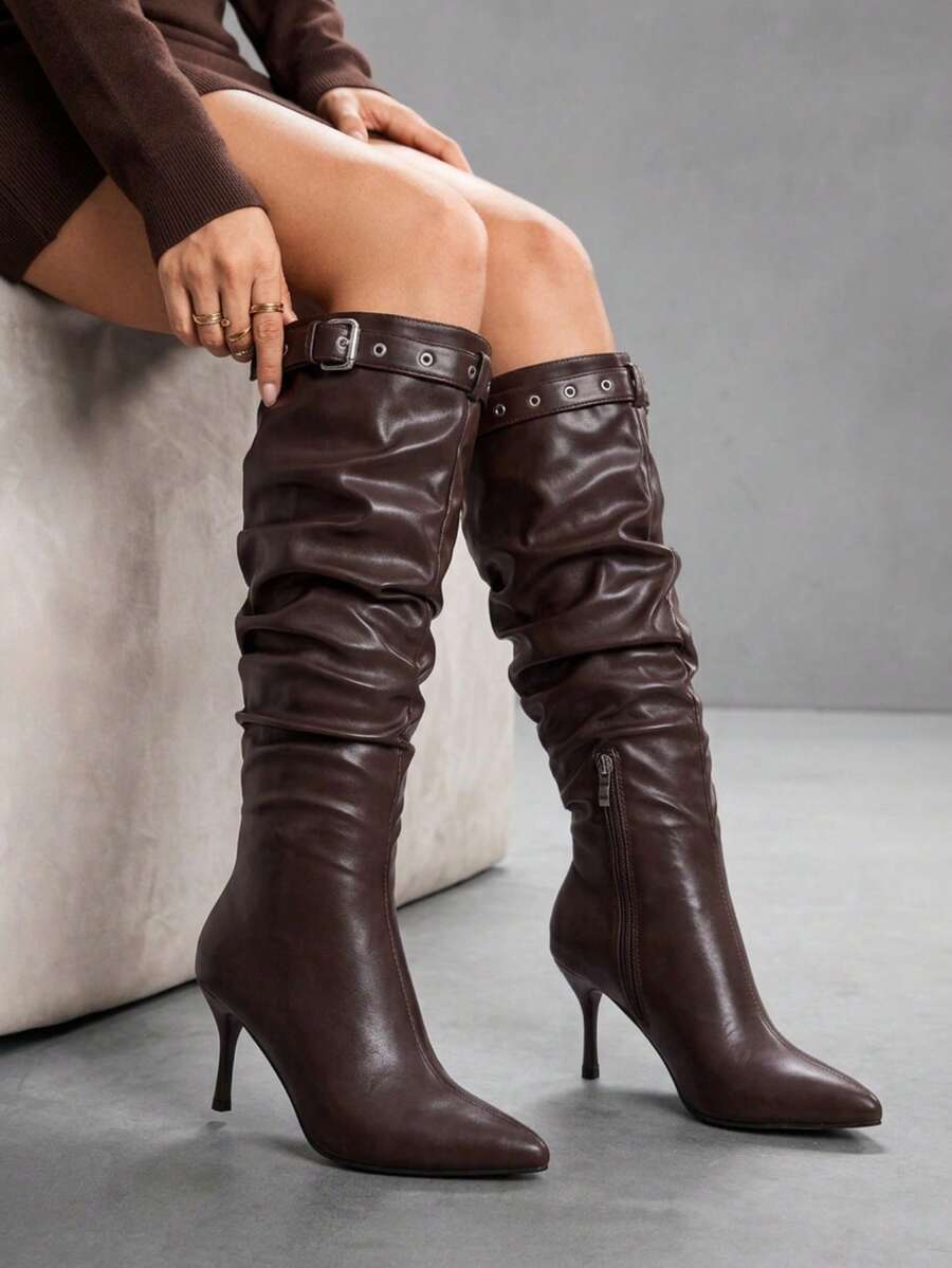 CUCCOO SZL Women's Coffee Brown Pointed Toe Stiletto High Heel Buckle Ruched Knee-High Boots For Nightclub Party Gathering - Coffee Brown - View 1