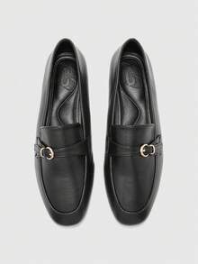 CUCCOO BIZCHIC Simple Black Loafers Women's Metal Round Buckle Bow Square Round Toe Flat Bottom Soft Leather British Style Commuting Slip-On Shoes - Black - View 1