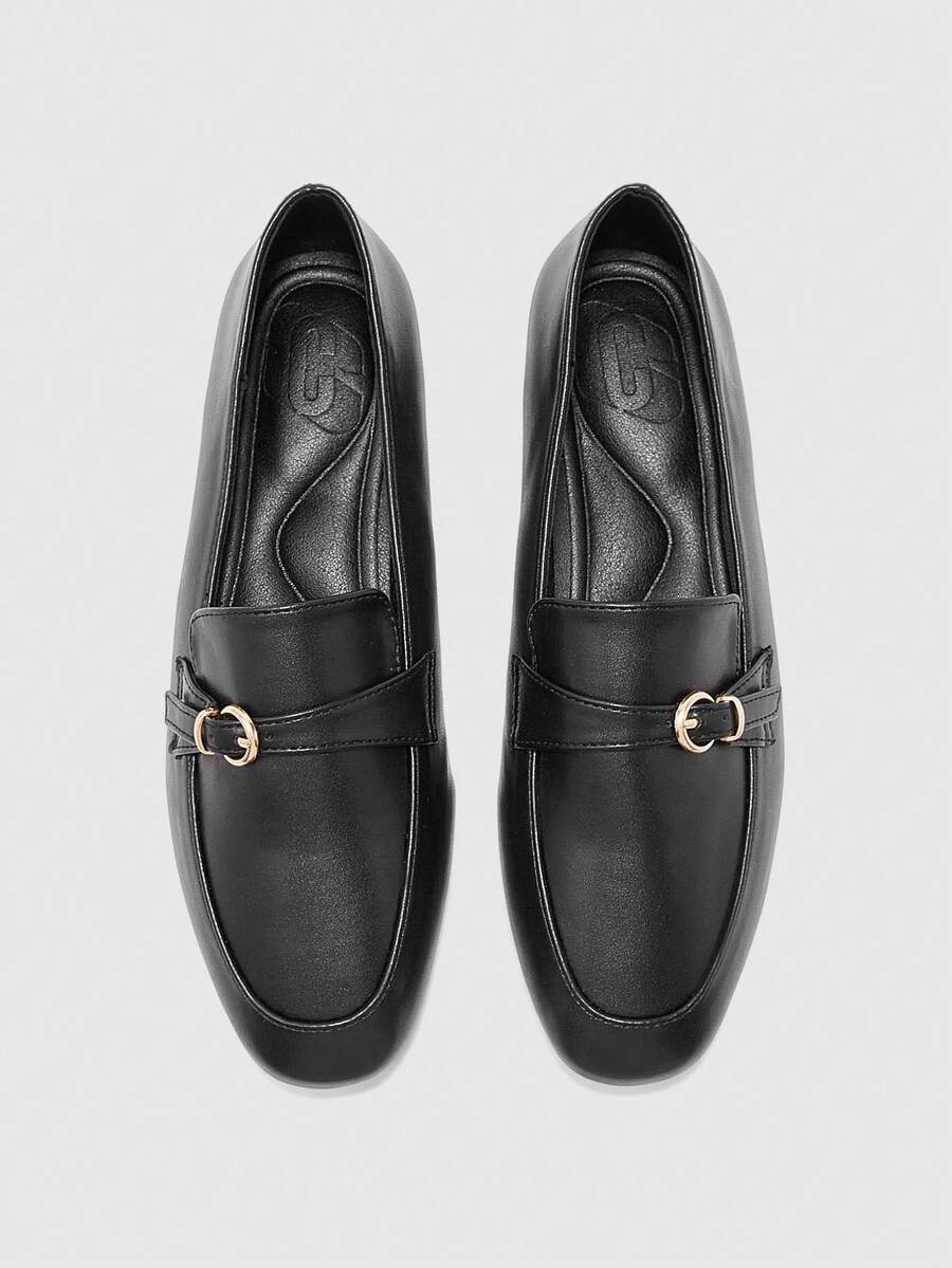 CUCCOO BIZCHIC Simple Black Loafers Women's Metal Round Buckle Bow Square Round Toe Flat Bottom Soft Leather British Style Commuting Slip-On Shoes - Black - View 1