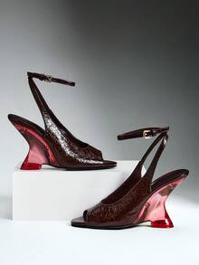 SHEIN SHUZIA Women's Dark Brown Peep Toe Slingback High Heels, Textured Faux Leather Ankle Strap Sandals With Gradient Flared Heel - Coffee Brown - View 1