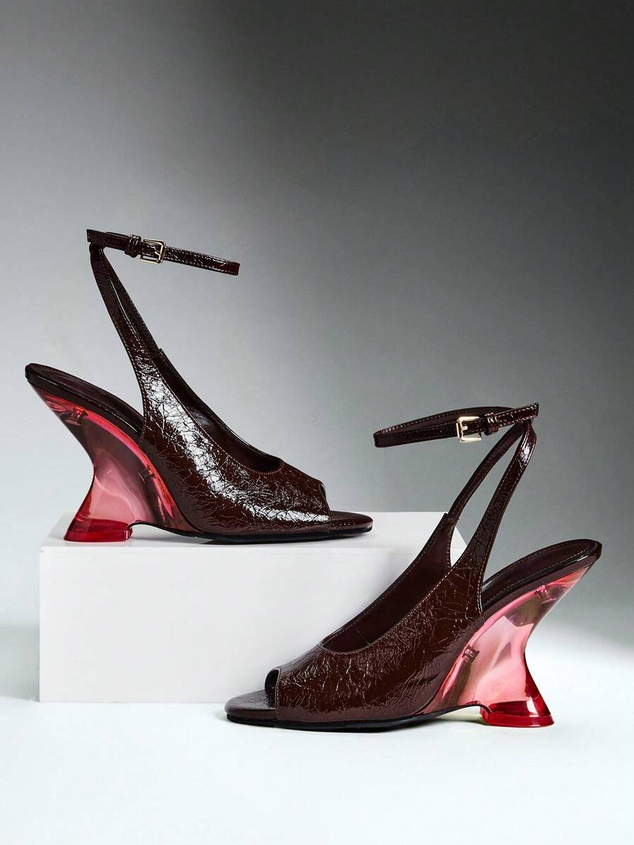 SHEIN SHUZIA Women's Dark Brown Peep Toe Slingback High Heels, Textured Faux Leather Ankle Strap Sandals With Gradient Flared Heel - Coffee Brown - View 1