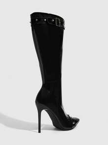 CUCCOO SZL Women's Fashion Pointed Button Boots Slim Heel Zipper Style Classic Black Party Women's Boots Suitable For Spring Break Easter Christmas Spring Shoes - Pure black - View 3