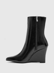 CUCCOO BIZCHIC Pointed Wedge Heel Bright Leather Black Slim Short Fashion Women's Boots - Black - View 9