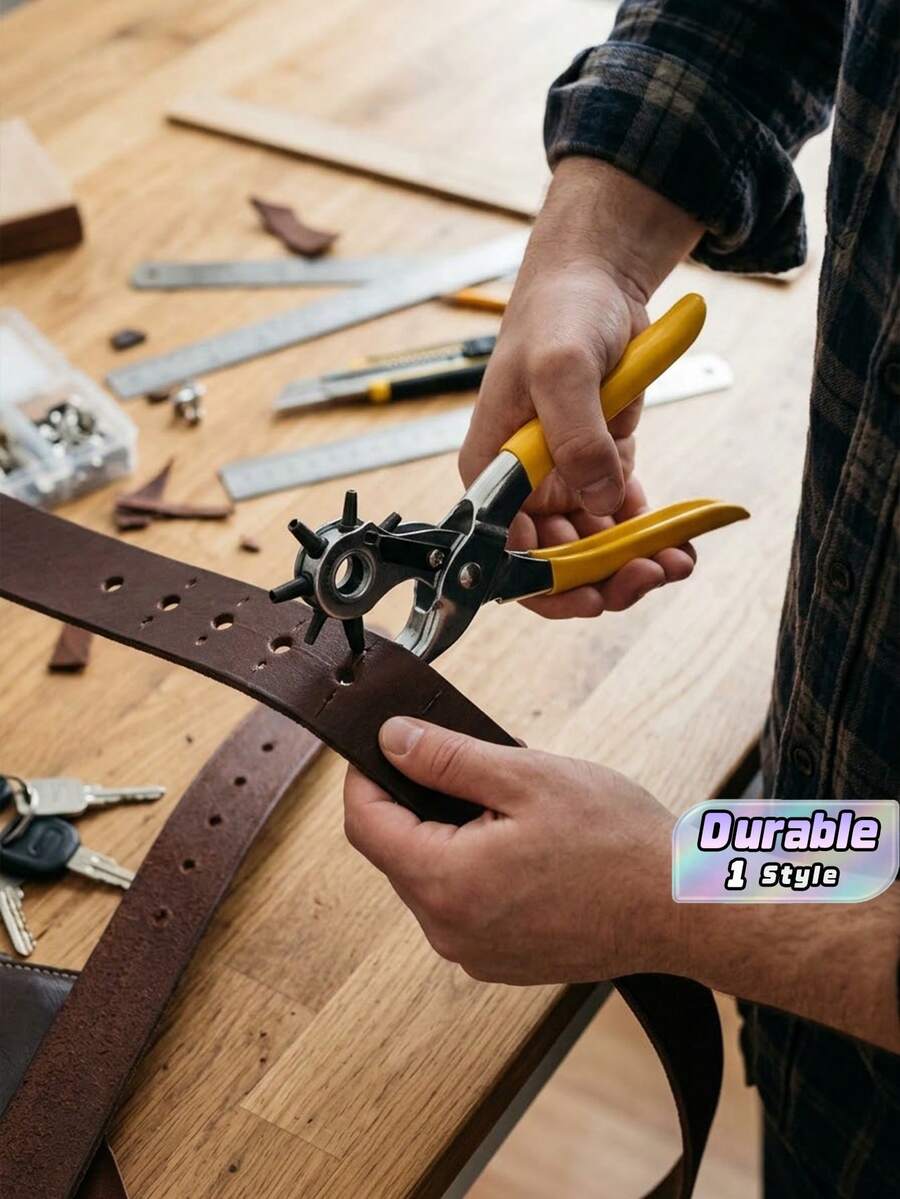 1Pc Multifunction Belt Punch Tool,Leather Hole Punch Tool 8.5" Heavy Duty 6 Size Revolving Leather Belt Hand Hole Puncher For Belts, Watch Bands, Straps, Dog Collars, Saddles, Shoes, Fabric, DIY Home Or Craft Projects Christmas For Holiday Gift Giving - Yellow - View 1