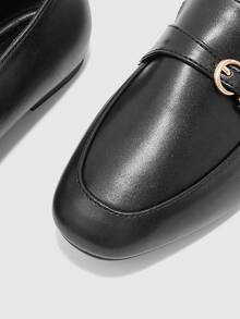 CUCCOO BIZCHIC Simple Black Loafers Women's Metal Round Buckle Bow Square Round Toe Flat Bottom Soft Leather British Style Commuting Slip-On Shoes - Black - View 3