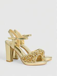 CUCCOO LuxiPop Women Shoes Light Luxury Banquet Style Young Girls Wedding Party Summer Shine Rhinestone Sequins Sandals - Gold - View 1