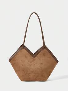 SHECARRY Women's Fashion Brown Imitation Suede Messenger Bag, Simple And Versatile Splicing Shoulder Bag, For Daily, Commuting, Shopping, Travel - Brown - View 1
