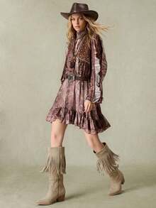 Styleloop Botas altas occidentales con borlas para mujer - Caqui - Ver 2